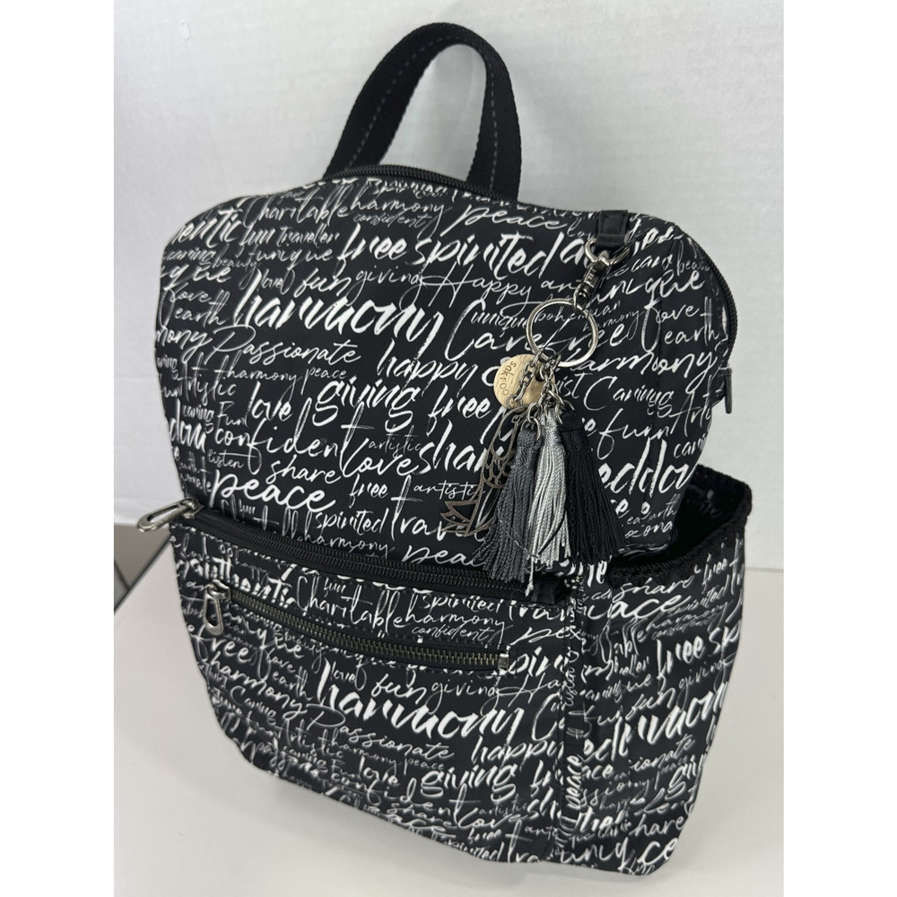 Sakroots Black Backpack White Script Print Convertible Travel Boho Bag Keychain - Picture 3 of 16